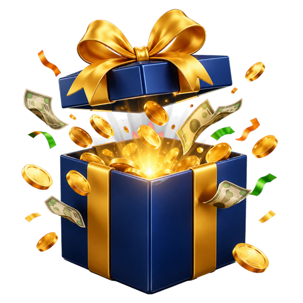 An open gift box spilling coins and notes